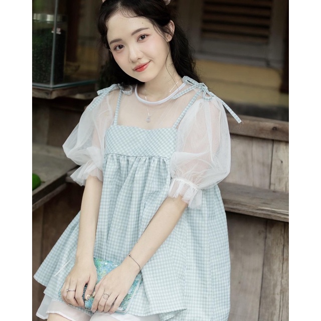 Áo babydoll tay phồng phối ren lưới caro nhí xanh bơ x váy quần xoè V - Tiny Babydoll - CARROTFARM