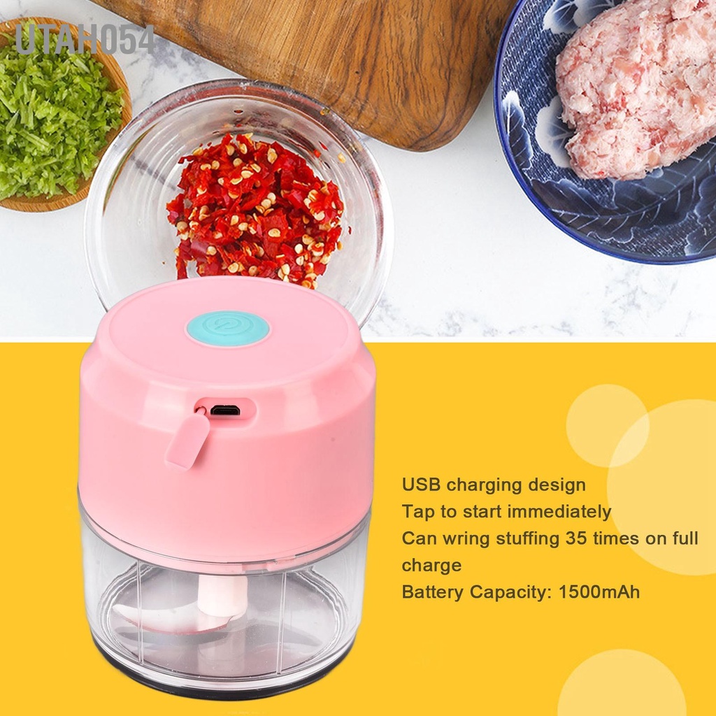 Utah054 Máy xay tỏi mini chạy điện Màu hồng hai lá Sạc USB không dây