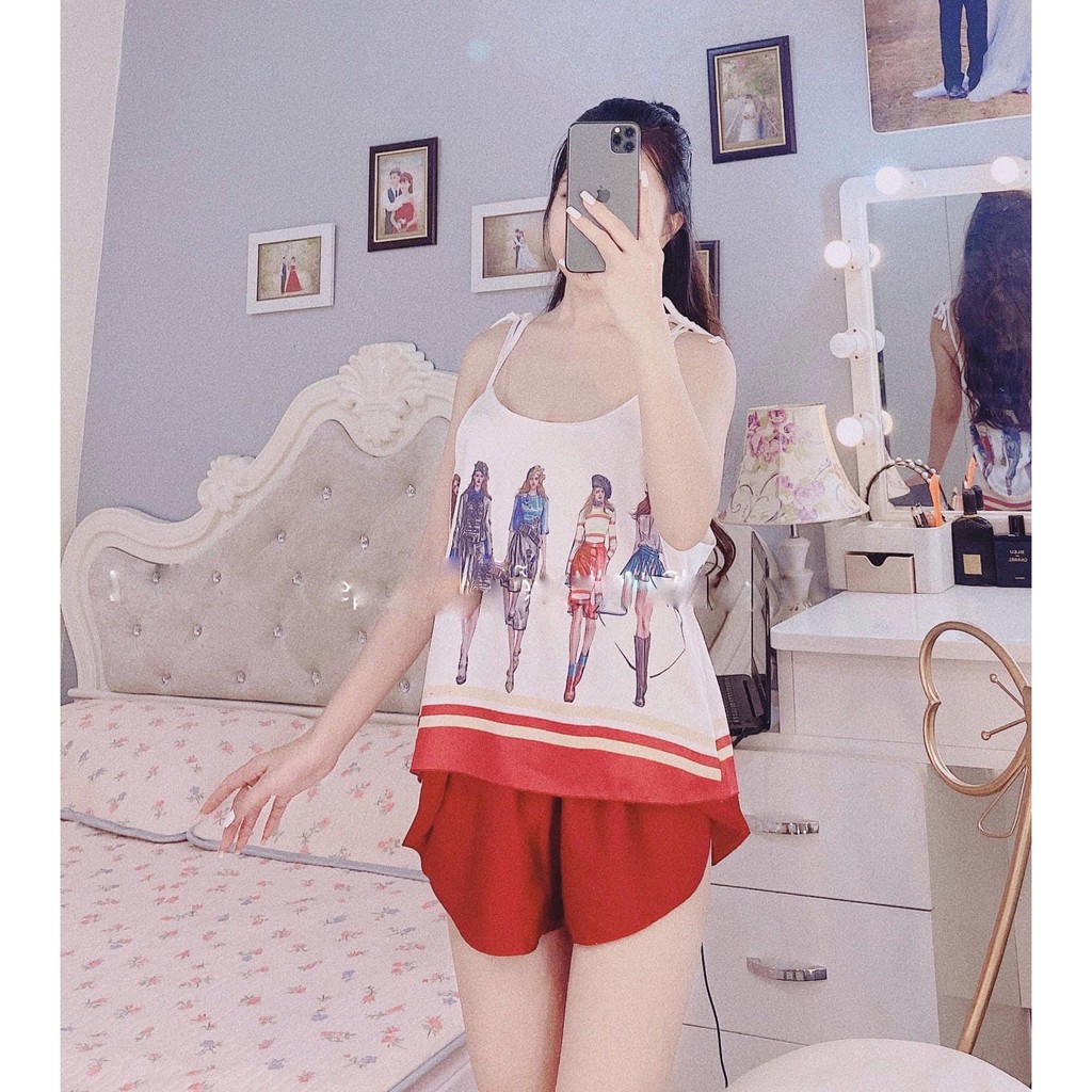 Đồ ngủ nữ sexy  Freeship  Đồ ngủ nữ sexy chất satin in hình 3D Freesize dưới 60kg- Linqu Sleepwear
