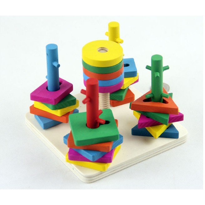 Bộ thả hình 5 cột khối - Đồ chơi giáo dục gỗ an toàn cho bé rèn luyện phát triển trí tuệ