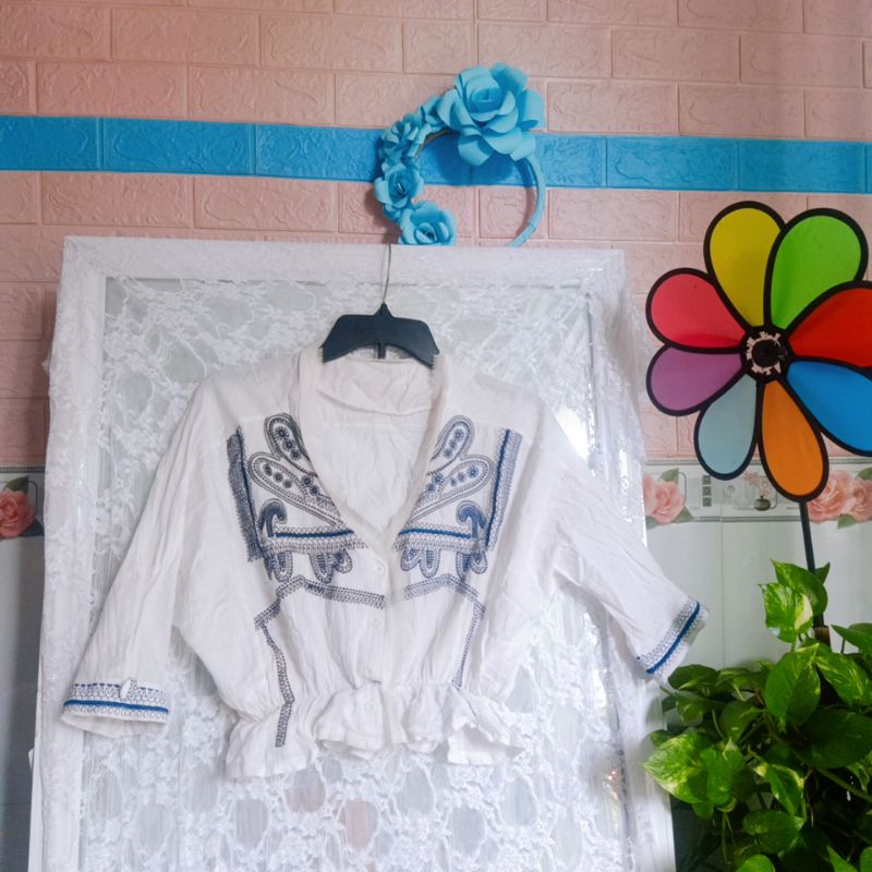 Áo croptop trắng thêu siêu xinh hàng 2hand freesize