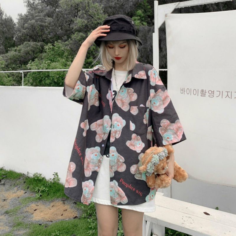 Áo Sơ Mi Tay Ngắn Unisex Cổ Bẻ Phong Cách Hàn Quốc Freesize