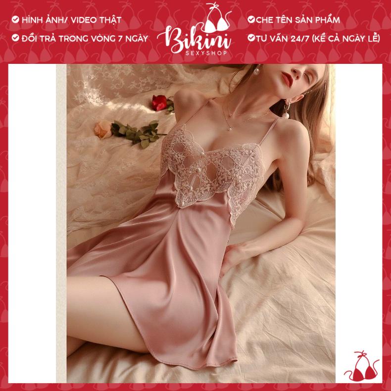 ❣️ Váy ngủ lụa nữ phối ren ngực gợi cảm hàng thiết kế cao cấp đính cúc bọc freesize màu đen/ trắng/ hồng SN018