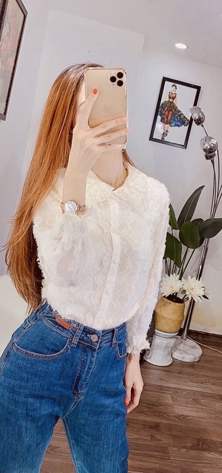 Áo sơ mi lông phối ren cổ siêu sang sale sốc