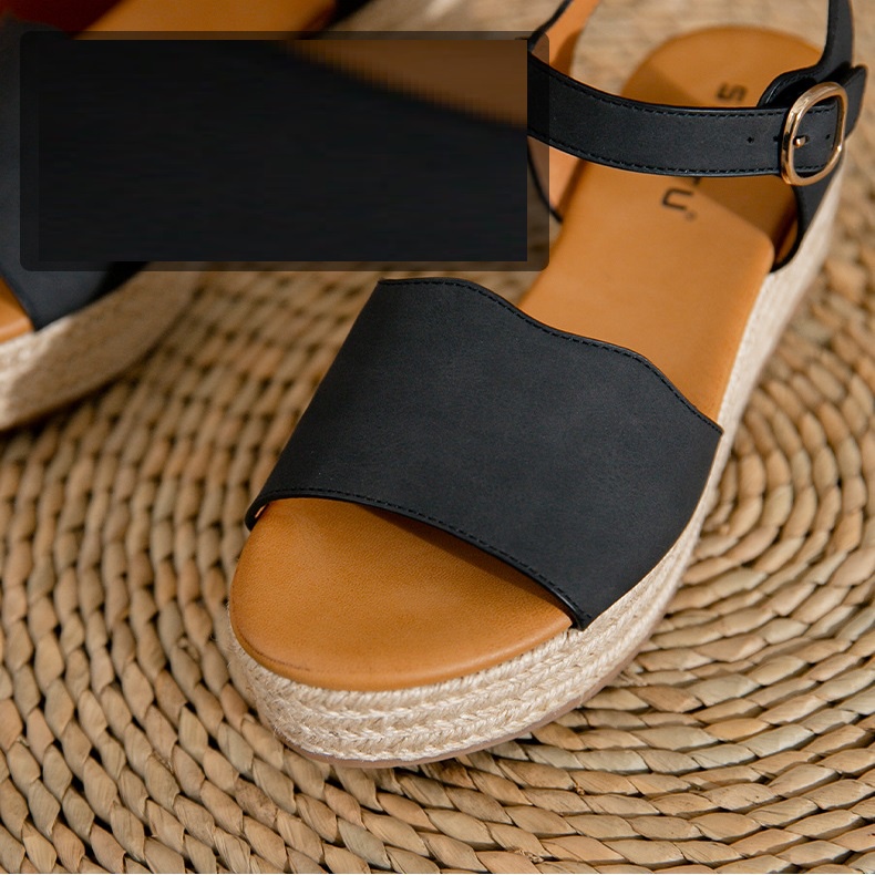 Giày sandal Siketu đế xuồng bọc cói cao 5cm, quai ngang bản rộng