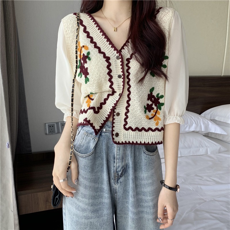Áo cardigan ZHELIHANGFEI dệt kim tay ngắn cổ V thêu họa tiết hoa xinh xắn cho nữ