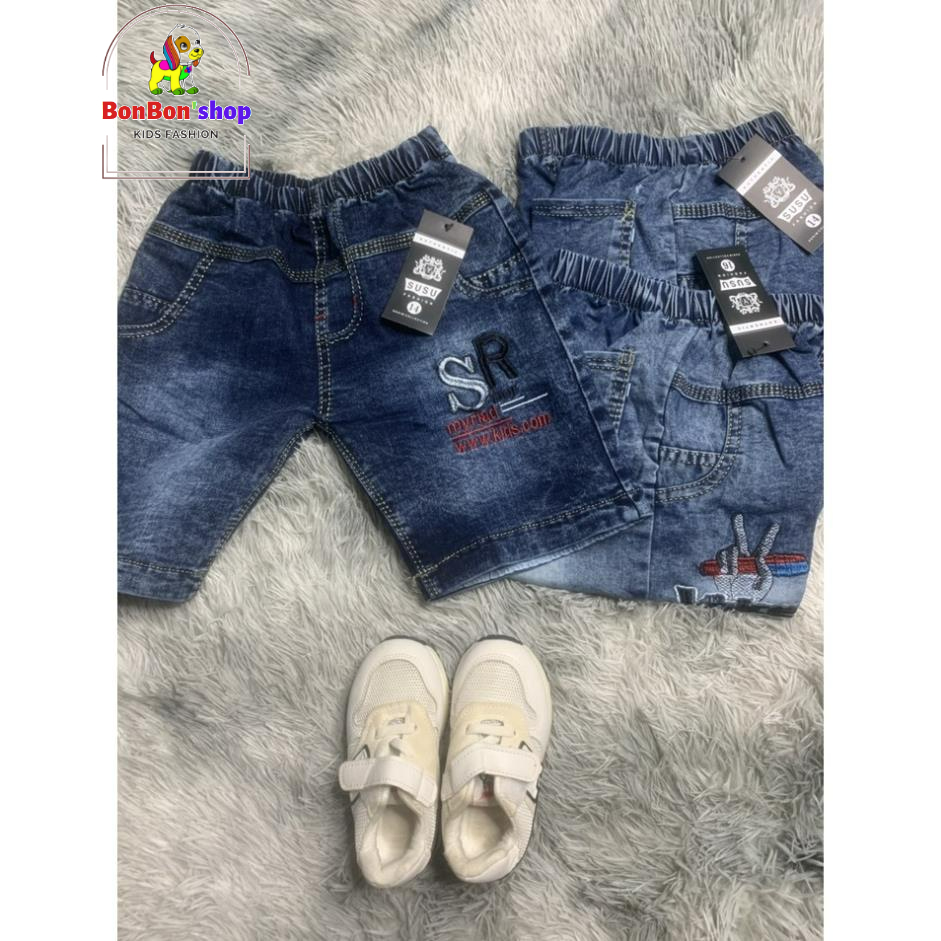 QT09, Quần đùi cho bé trai 3 tuổi, Quần đùi jean vải mềm Màu Xám cho bé size 10-25kg