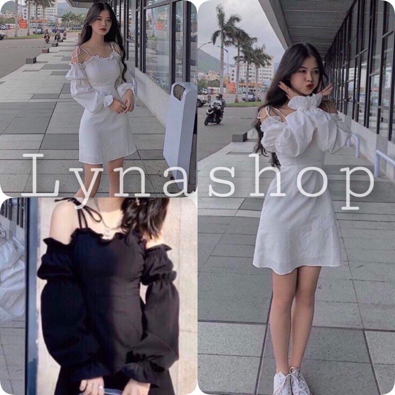 Đầm nữ Trễ Vai Buộc Dây ,Tay Phồng Váy Đũi Cột Dây Ngực Bèo 2 Màu mặc lên xinh xắnnnnnnn