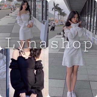 Đầm nữ Trễ Vai Buộc Dây ,Tay Phồng  Váy Đũi Cột Dây Ngực Bèo 2 Màu mặc lên xinh xắnnnnnnn