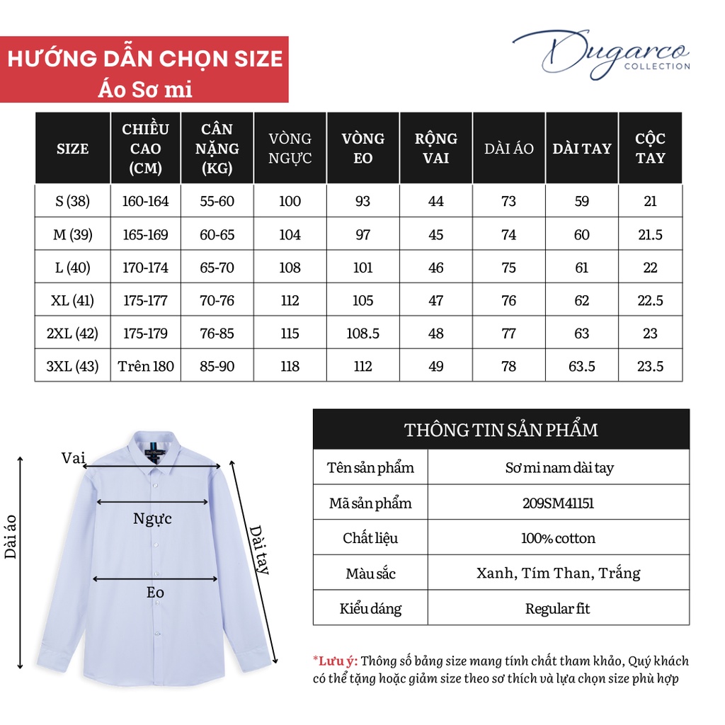 Áo sơ mi nam DUGARCO chất liệu cotton dài tay công sở cao cấp 209SM41151