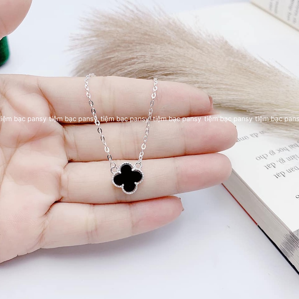 Dây chuyền bạc nữ PANSY kiểu dáng cỏ 4 lá đá đen xinh xắn - Vòng cổ bạc ta cao cấp