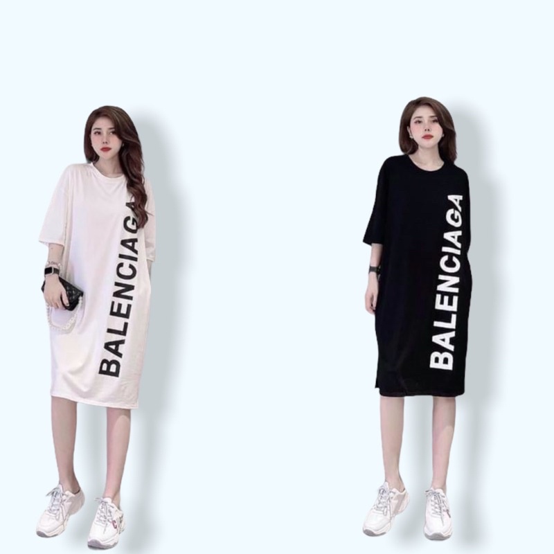 ĐẦM DÁNG SUÔNG-Váy suông cotton in chữ "BALEN" tay lỡ fom thụng k túi dưới 65kg