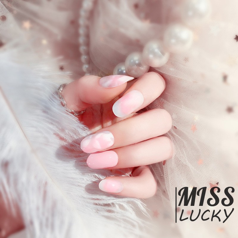 Móng tay giả màu hồng tuyến tính đầu tròn cho nữ