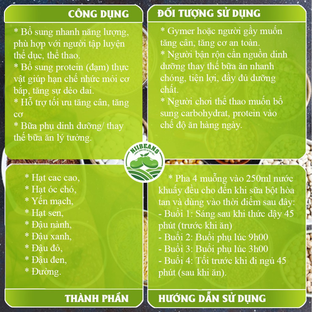 Combo 2 hũ Bột đậu Niibeans M+ Tăng cân Tăng cơ Hương vị Sô Cô La (1kg/hũ)