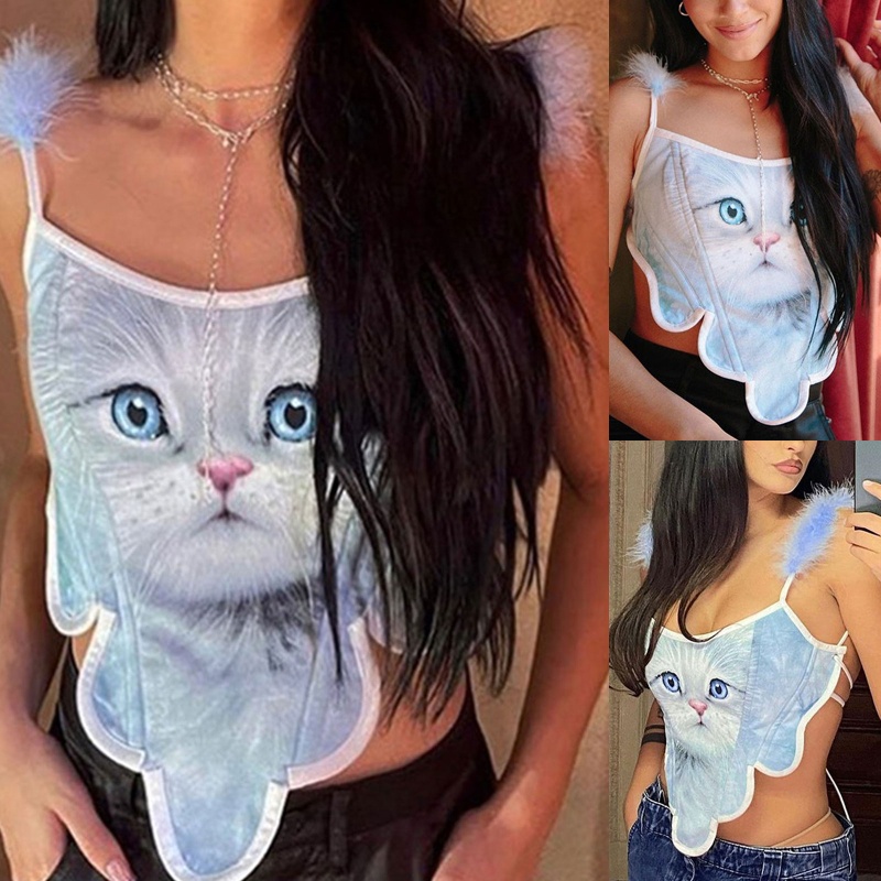 Áo Nịt Ngực Không Tay In Hình Mèo Phong Cách Vintage Quyến Rũ Cho Nữ