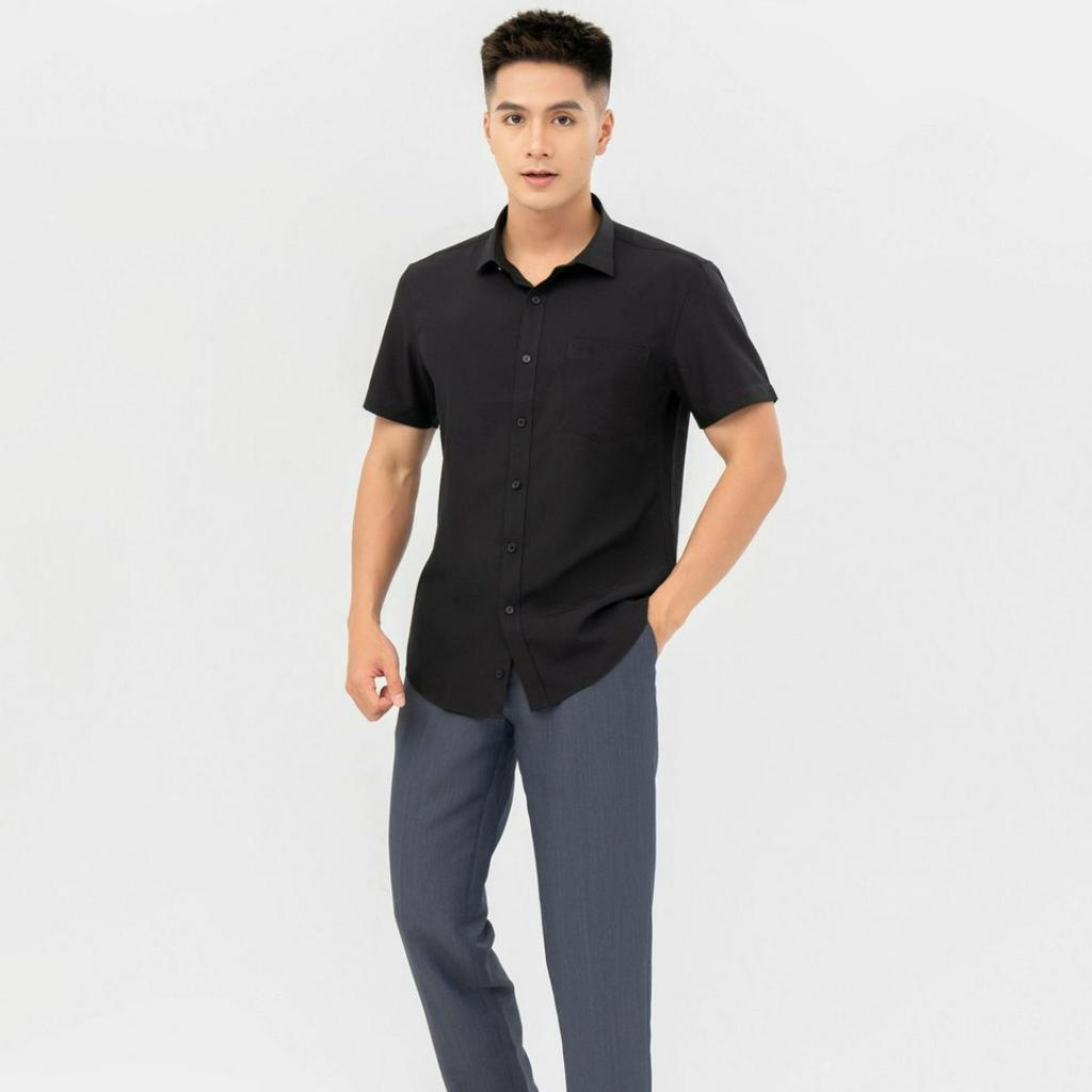 Áo Sơ Mi Nam Ngắn Tay Công Sở, Chất Vải Lanh Thoáng Mát Trơn Màu Cafe Đen