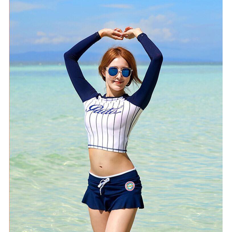 BIkini bộ bơi dài tay năng động, họa tiết sọc thời trang
