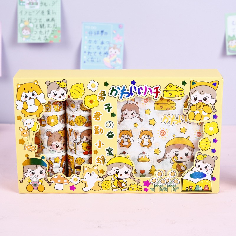 Hộp 10 Washi Tape 10 Sticker Cô Bé Cute Dễ Thương Băng Keo Dính Hình Dán Stickers Trang Trí Sổ Tay Xinh