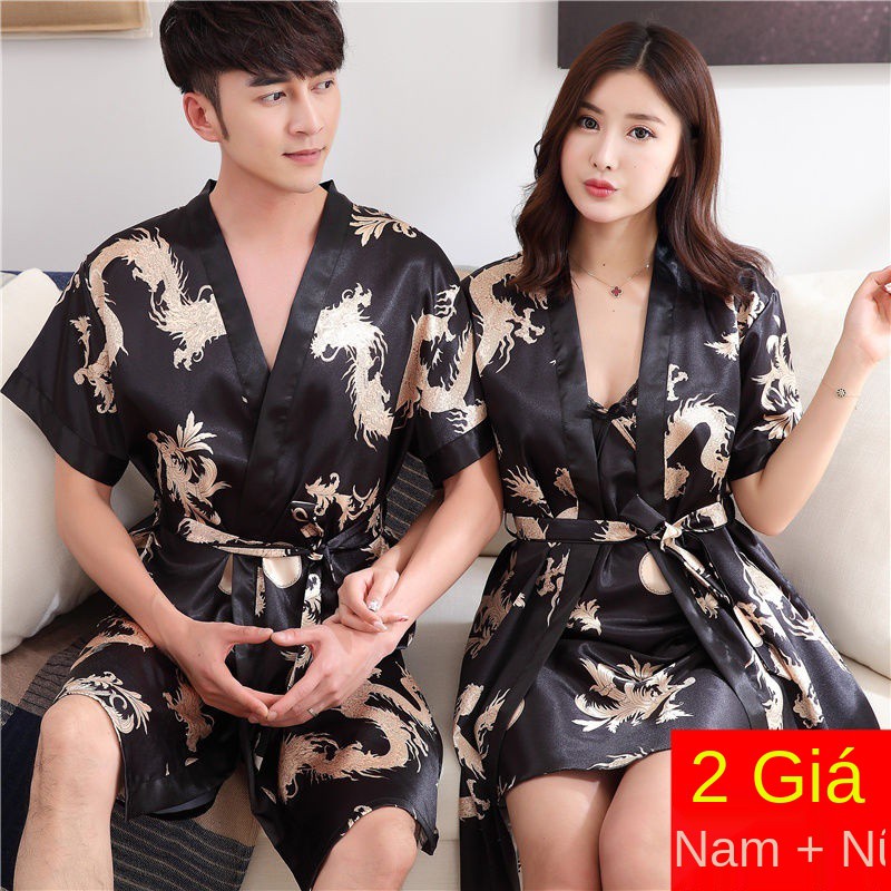 Cặp đôi Váy ngủ Lụa băng xuân và mùa thu mùa hè áo choàng tắm sexy lụa mỏng ngắn tay cho nam và nữ dài tay như lụa