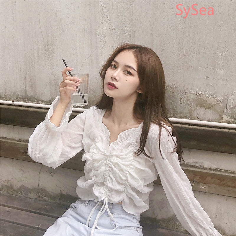 Áo crop top dài tay màu trắng phong cách mùa hè thời trang cho nữ