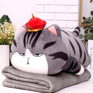 Bộ chăn gối mền 2in1 mèo bông hoàng thượng nằm 60cm, thiết kế kèm mền thuận tiện