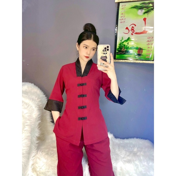 Đồ lam đi chùa lụa cao cấp, thời trang nữ, đồ bộ đi chùa, la hán phối