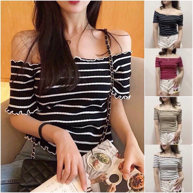 áo bẹt vai sọc chất liệu thun co giãn form đẹp dưới 52ký