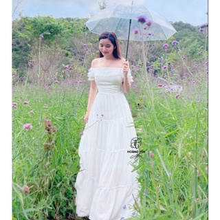 HOANGYEN - Đầm maxi trắng trễ vai phối bèo viền ruy băng lụa, váy maxi bẹt vai tay con đi biển