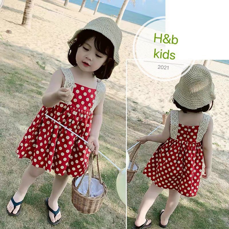 Váy Đầm Dây Bé Gái Công Chúa Mùa Hè Chấm Bi