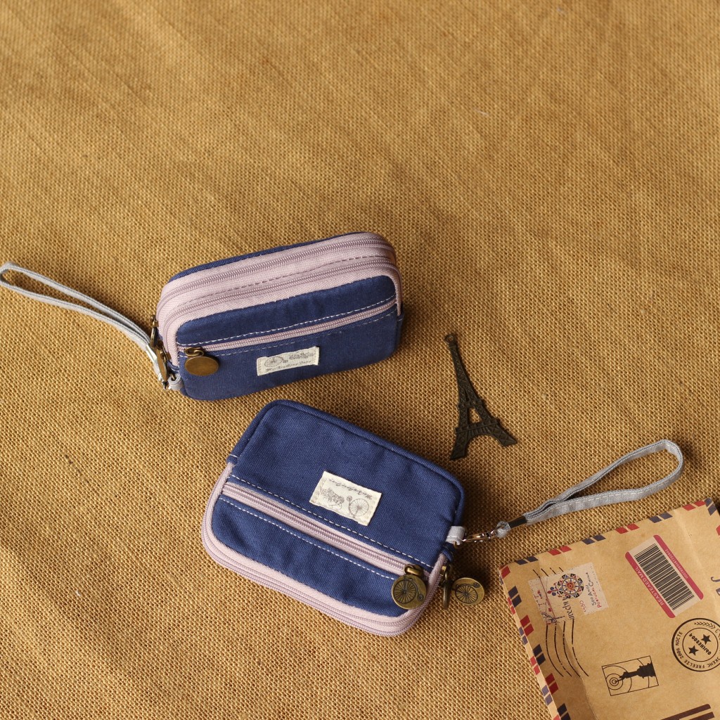 Ví ngắn vải Canvas phối khóa kéo bốn ngăn thời trang cao cấp cho nữ