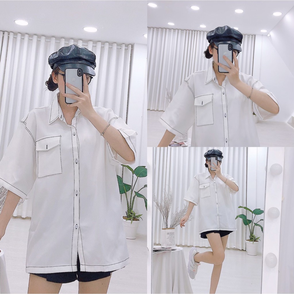 Áo Sơ Mi Nam Tay Lỡ Viền Chỉ Nổi Phong Cách Unisex 2 màu Đen Trắng (ảnh thật)