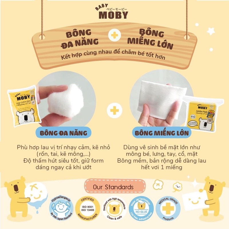 Bông đa năng MOBY dạng tròn và dạng miếng ( dùng lau, thấm, vệ sinh bé )