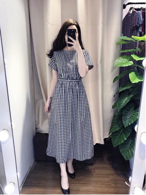Đầm váy caro form dài kèm belt