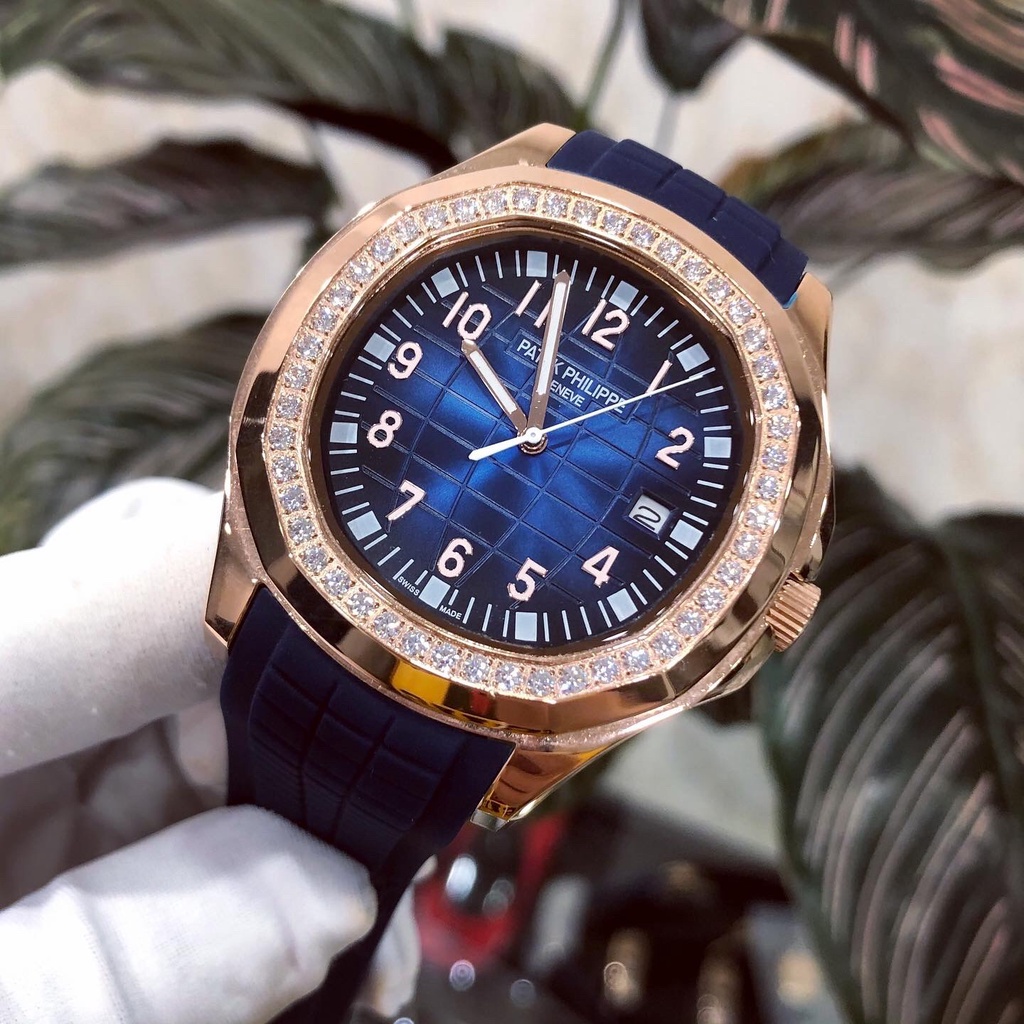Đồng hồ Nam Patek-đồng hồ cơ Automatic mặt xanh viền vàng đính đá size 41-42mm