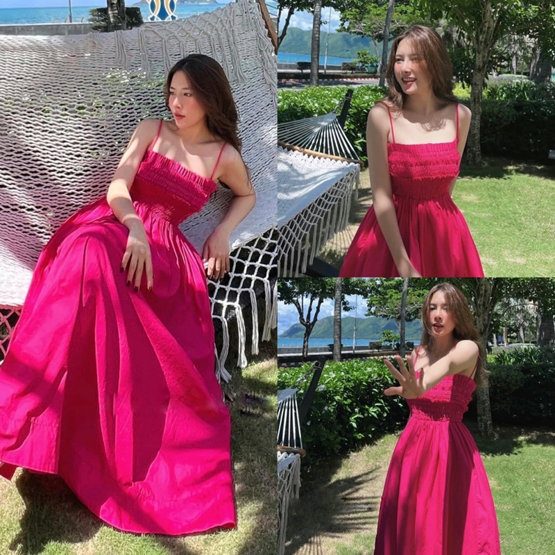 Đầm maxi 2 dây nhún chỉ cột nơ
