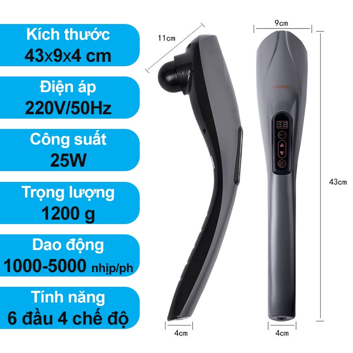 Máy Massage Cầm Tay Chuyên Sâu 6 Đầu 12 Cấp Độ Chuyên Dụng, Trị Đau Nhức Toàn Thân, Không Dây, Sạc Pin-Bảo Hành 12 Tháng