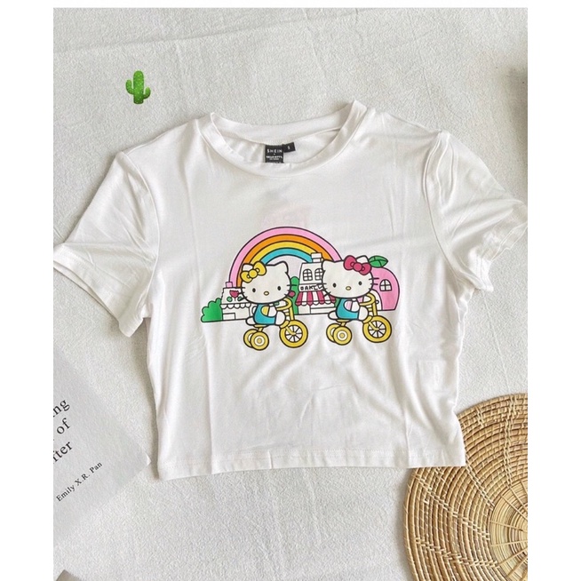 Áo croptop trắng in 2 chú mèo PCM