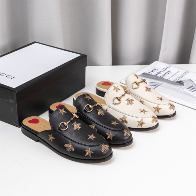 giày sục lười loafer nam nữ da thật mũi tròn thêu họa tiết hình ong và ngôi sao quai gắn xích G-C Gucci