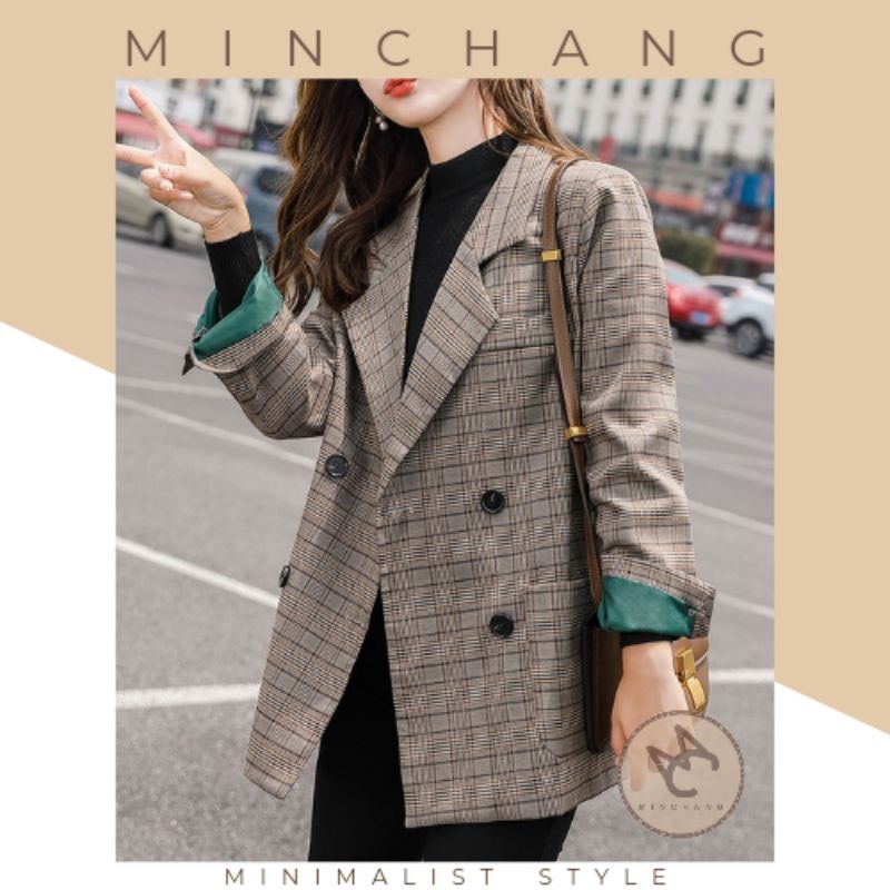 Áo khoác blazer kẻ caro cho nữ phong cách Hàn Quốc thu đông | BigBuy360 - bigbuy360.vn