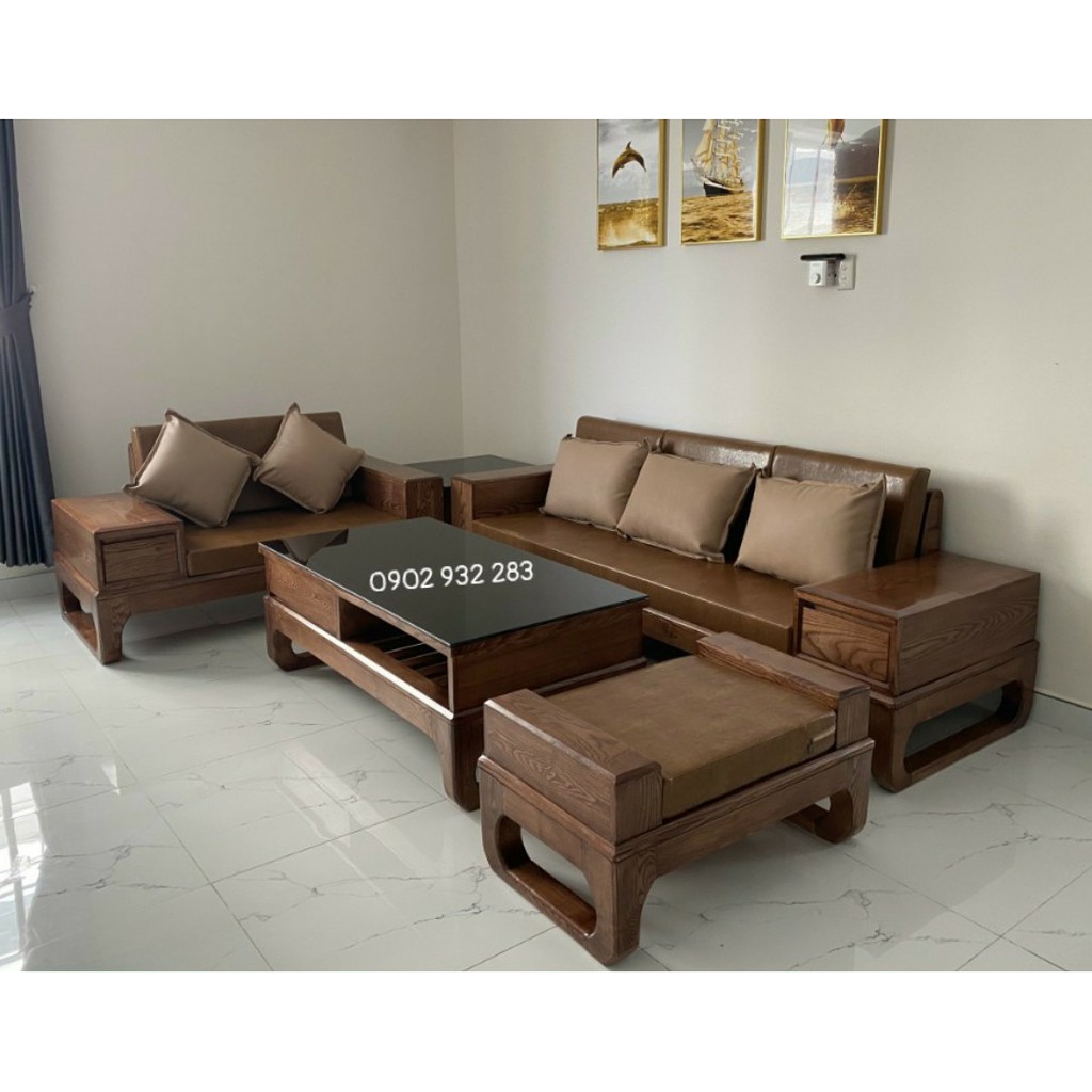 Bộ bàn ghế phòng khách Sofa góc gỗ sồi mầu óc chó mẫu hiện - Xưởng Gỗ Mạnh Hùng