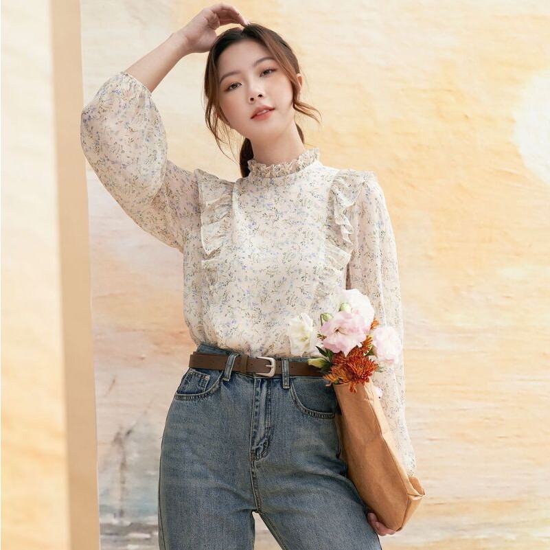 Áo kiểu nữ Méo shop hoa nhí tay bồng kiểu hàn vải chiffon Romane
