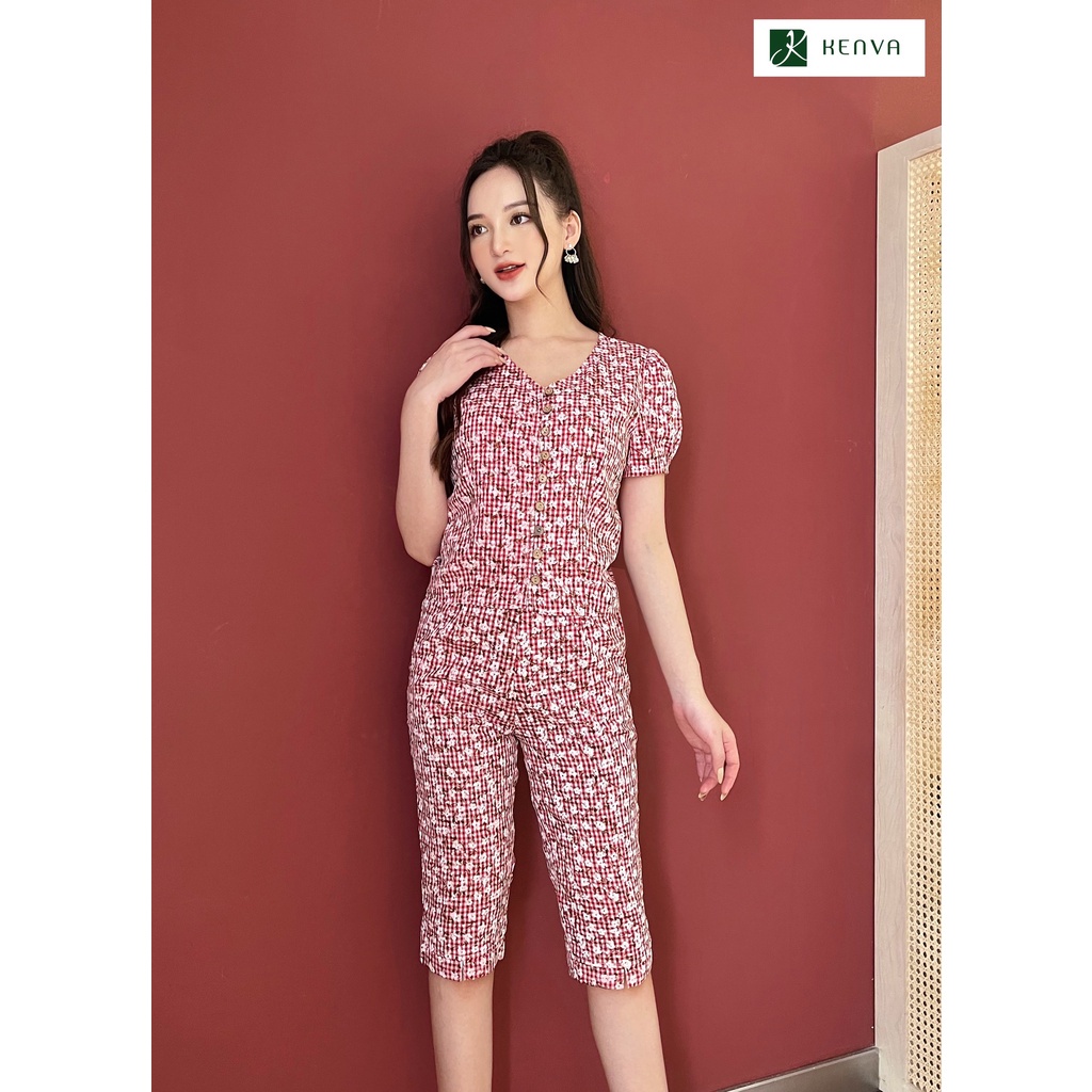 ℡☸✷Bộ đồ ngủ thô Kenva nữ. Set mặc nhà chất mềm mại, họa tiết hoa nhí, cổ tim tay phồng dáng quần ngố thỏa mái