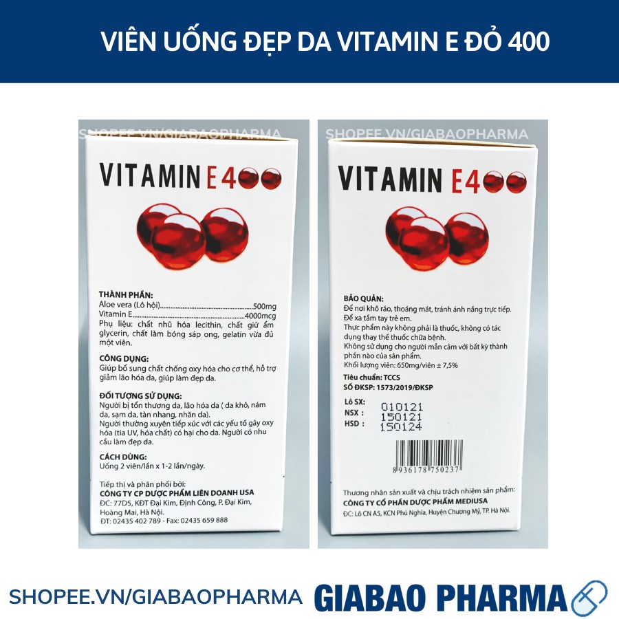 Viên Uống đẹp da Vitamin E Đỏ 4000mcg, Aloe vera 500mg chống lão hóa - Hộp 100 viên chống lão hóa da