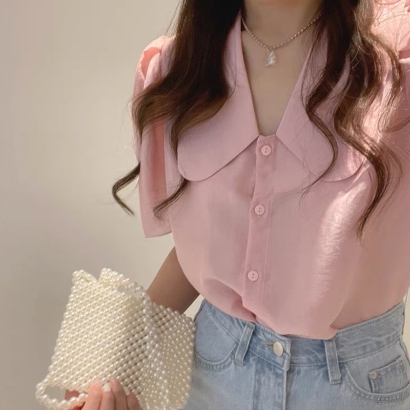 Áo Sơ Mi Ngắn Tay Cổ Búp Bê Màu Sắc Ngọt Ngào Thời Trang Mùa Hè Cho Nữ