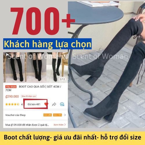 Boot đùi da lộn nữ thời trang dài qua gối mũi tròn gót vuông cao 4cm và 7cm