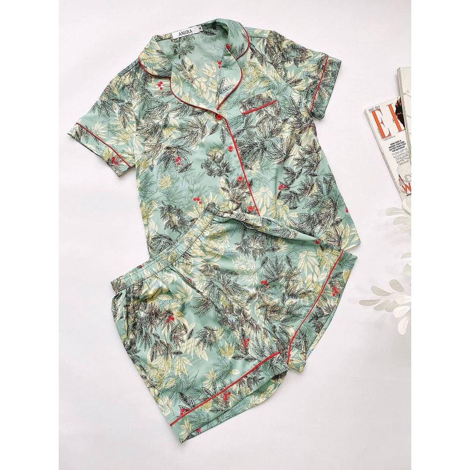 Bộ ngủ chất lụa satin Nhật cao cấp họa tiết lá mát mẻ