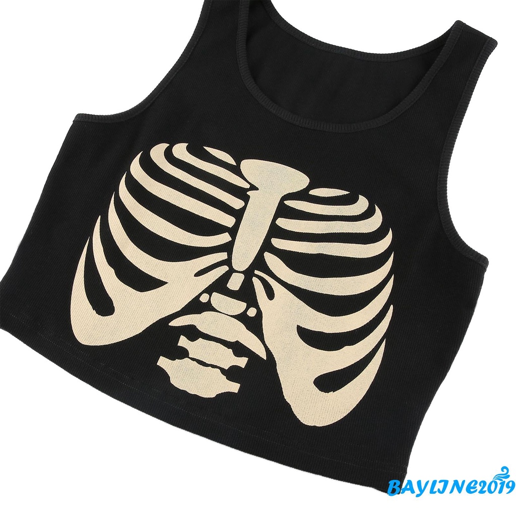 Áo Croptop Dệt Kim Sát Nách In Hình Bộ Xương Cá Tính Cho Nữ