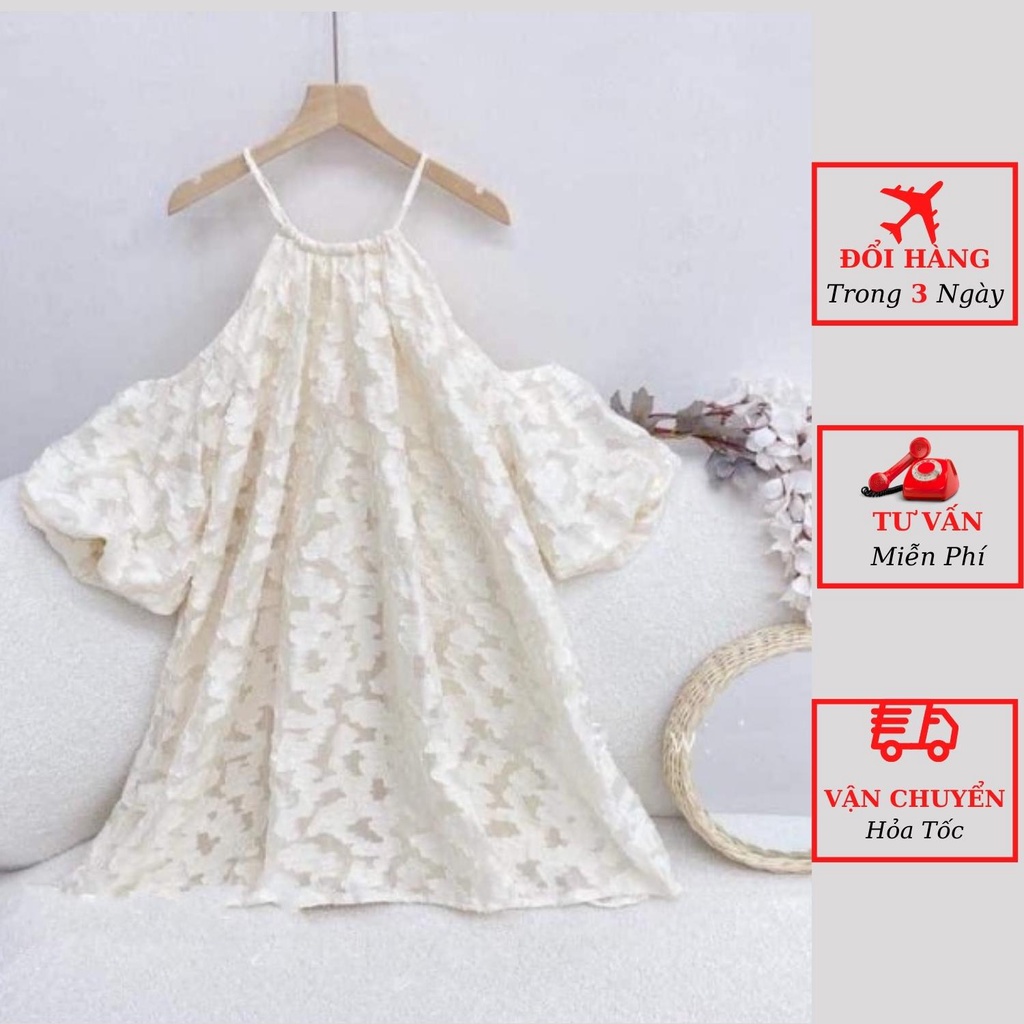 Váy trễ vai babydoll nữ cổ yếm tay bồng ren hoa nổi tiểu thư bánh bèo đi biển du lịch ulzzang Hàn Quốc