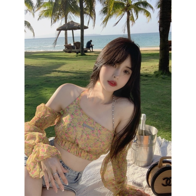 COZOK Áo Sơ Mi Voan Hoa Hai Dây Cổ Yếm