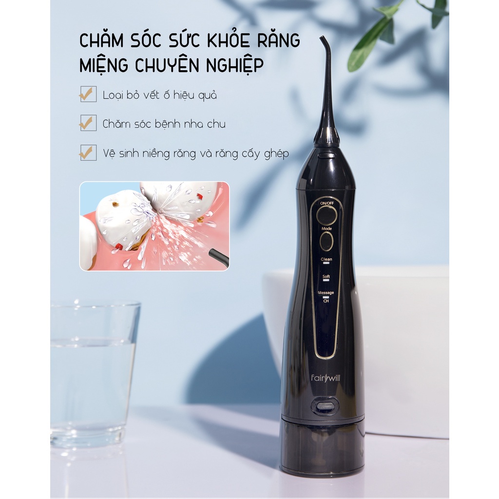 Máy tăm nước cầm tay FAIRYWILL FW-5020E Bản Màu Đen Tặng kèm 8 đầu thay thế